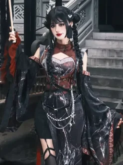 Chinese Style Lolita Dress Criss-Cross Long Sleeves Polyester Chinese Style Animal Print Black Red Chinese Style Lolita