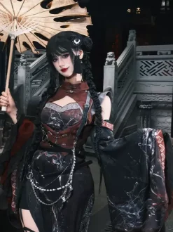 Chinese Style Lolita Dress Criss-Cross Long Sleeves Polyester Chinese Style Animal Print Black Red Chinese Style Lolita