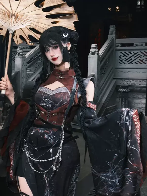 Chinese Style Lolita Dress Criss-Cross Long Sleeves Polyester Chinese Style Animal Print Black Red Chinese Style Lolita