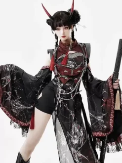 Chinese Style Lolita Dress Criss-Cross Long Sleeves Polyester Chinese Style Animal Print Black Red Chinese Style Lolita