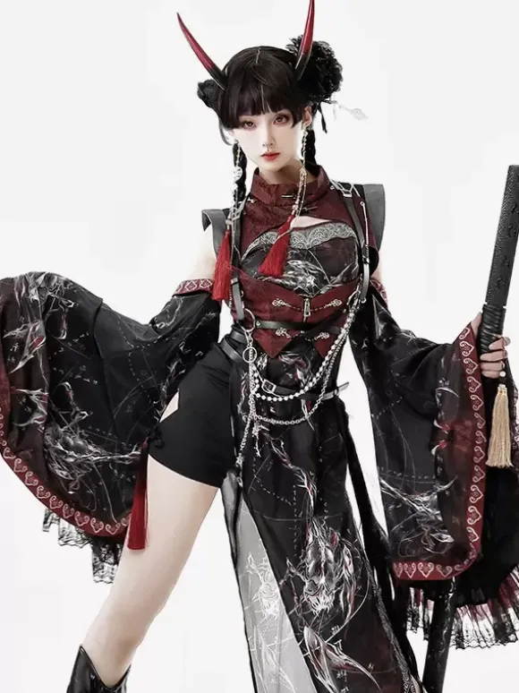 Chinese Style Lolita Dress Criss-Cross Long Sleeves Polyester Chinese Style Animal Print Black Red Chinese Style Lolita