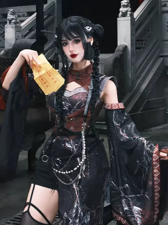 Chinese Style Lolita Dress Criss-Cross Long Sleeves Polyester Chinese Style Animal Print Black Red Chinese Style Lolita