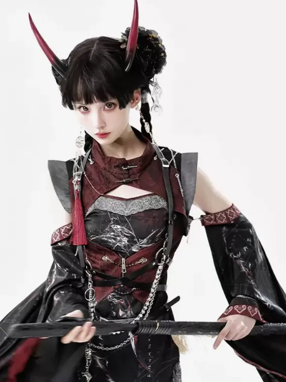 Chinese Style Lolita Dress Criss-Cross Long Sleeves Polyester Chinese Style Animal Print Black Red Chinese Style Lolita