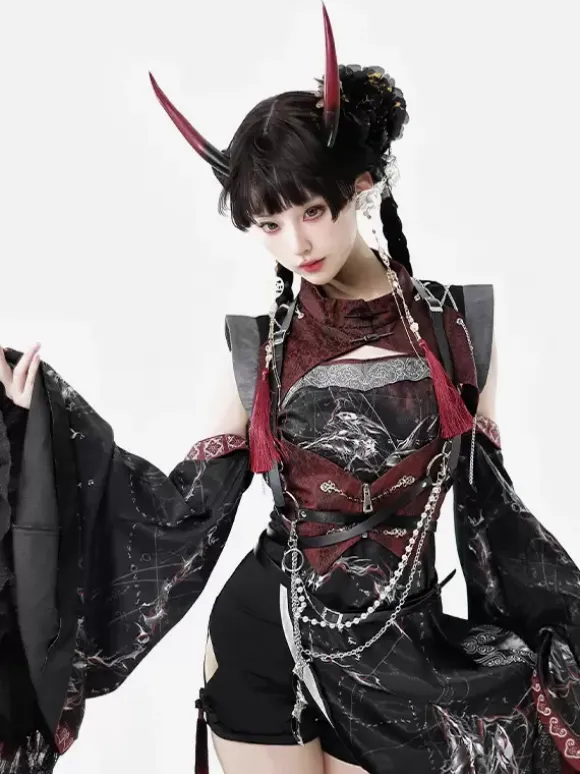 Chinese Style Lolita Dress Criss-Cross Long Sleeves Polyester Chinese Style Animal Print Black Red Chinese Style Lolita