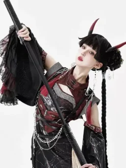 Chinese Style Lolita Dress Criss-Cross Long Sleeves Polyester Chinese Style Animal Print Black Red Chinese Style Lolita