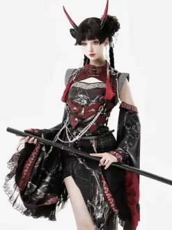 Chinese Style Lolita Dress Criss-Cross Long Sleeves Polyester Chinese Style Animal Print Black Red Chinese Style Lolita