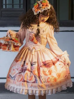 Chinese Style Lolita Dress Fringe Long Sleeves Chiffon Chinese style Floral Print Orange Chinese style Lolita