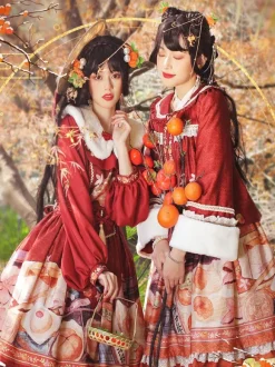 Chinese Style Lolita Dress Fringe Long Sleeves Chiffon Chinese style Floral Print Orange Chinese style Lolita