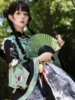 Chinese Style Lolita Dress Fringe Long Sleeves Satin Fabric Chinese style Panda Black Chinese style Lolita