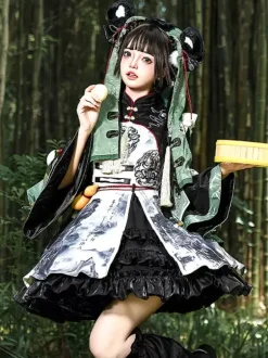 Chinese Style Lolita Dress Fringe Long Sleeves Satin Fabric Chinese style Panda Black Chinese style Lolita