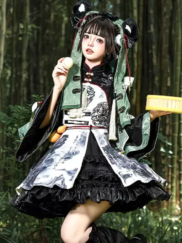 Chinese Style Lolita Dress Fringe Long Sleeves Satin Fabric Chinese style Panda Black Chinese style Lolita