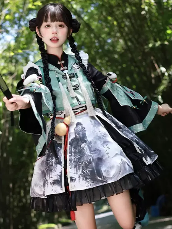 Chinese Style Lolita Dress Fringe Long Sleeves Satin Fabric Chinese style Panda Black Chinese style Lolita