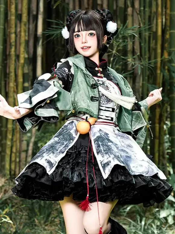 Chinese Style Lolita Dress Fringe Long Sleeves Satin Fabric Chinese style Panda Black Chinese style Lolita