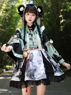 Chinese Style Lolita Dress Fringe Long Sleeves Satin Fabric Chinese style Panda Black Chinese style Lolita