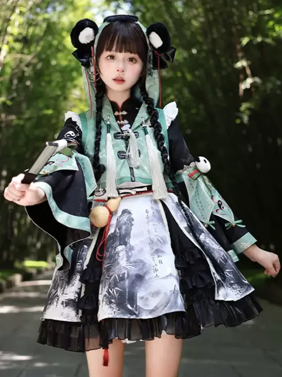 Chinese Style Lolita Dress Fringe Long Sleeves Satin Fabric Chinese style Panda Black Chinese style Lolita
