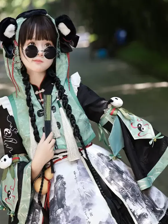 Chinese Style Lolita Dress Fringe Long Sleeves Satin Fabric Chinese style Panda Black Chinese style Lolita