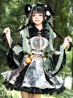 Chinese Style Lolita Dress Fringe Long Sleeves Satin Fabric Chinese style Panda Black Chinese style Lolita
