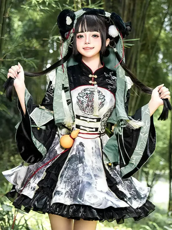 Chinese Style Lolita Dress Fringe Long Sleeves Satin Fabric Chinese style Panda Black Chinese style Lolita