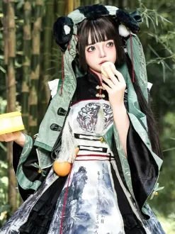 Chinese Style Lolita Dress Fringe Long Sleeves Satin Fabric Chinese style Panda Black Chinese style Lolita