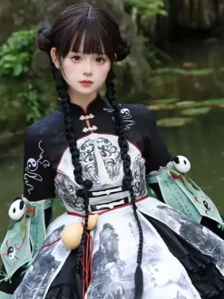 Chinese Style Lolita Dress Fringe Long Sleeves Satin Fabric Chinese style Panda Black Chinese style Lolita