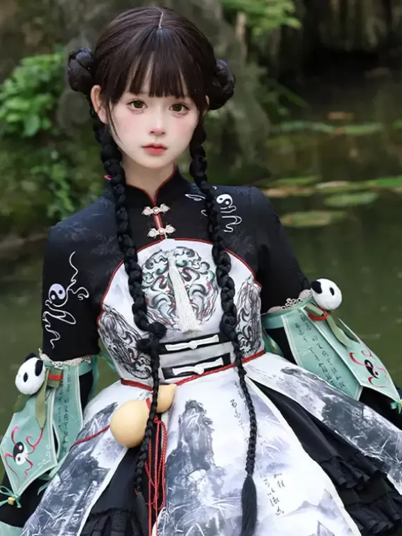 Chinese Style Lolita Dress Fringe Long Sleeves Satin Fabric Chinese style Panda Black Chinese style Lolita