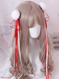 Chinese Style Lolita Hair Pin Pom Pom Tassel Bow Red Lolita Hair Accessory
