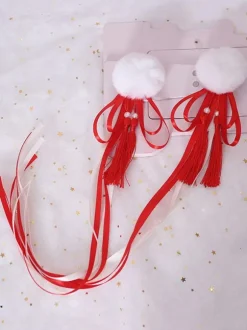 Chinese Style Lolita Hair Pin Pom Pom Tassel Bow Red Lolita Hair Accessory