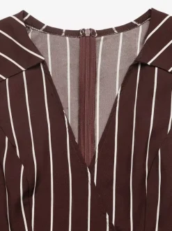 Chocolate White Vertical Stripe Sleeveless Romper Collared V-Neck Waist Band Back Bow Pleated Short Jumpsuit