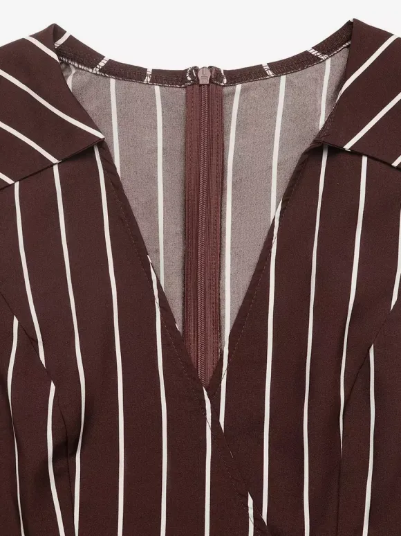 Chocolate White Vertical Stripe Sleeveless Romper Collared V-Neck Waist Band Back Bow Pleated Short Jumpsuit