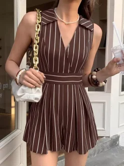 Chocolate White Vertical Stripe Sleeveless Romper Collared V-Neck Waist Band Back Bow Pleated Short Jumpsuit