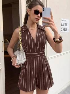 Chocolate White Vertical Stripe Sleeveless Romper Collared V-Neck Waist Band Back Bow Pleated Short Jumpsuit