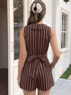 Chocolate White Vertical Stripe Sleeveless Romper Collared V-Neck Waist Band Back Bow Pleated Short Jumpsuit