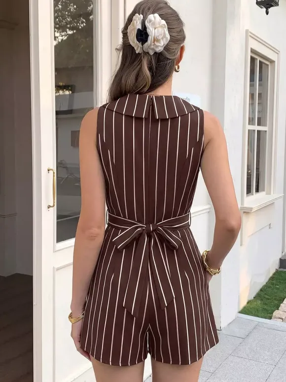 Chocolate White Vertical Stripe Sleeveless Romper Collared V-Neck Waist Band Back Bow Pleated Short Jumpsuit