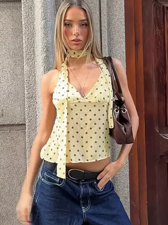 Choker Ribbon Sleeveless Dot Slim Cropped Blouse