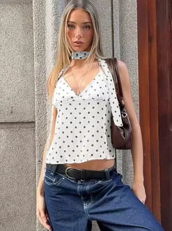 Choker Ribbon Sleeveless Dot Slim Cropped Blouse