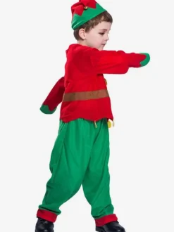 Christmas Elf Costume Boys Kids Long Sleeve Top Pants Hat 3 Piece Set Halloween