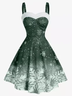 Christmas Ladies Strapless Gradient Snowflake Print Vintage Dress