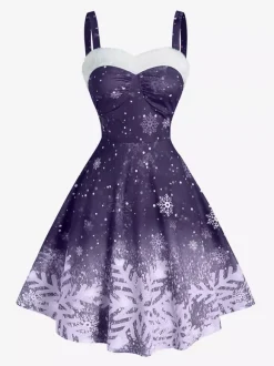 Christmas Ladies Strapless Gradient Snowflake Print Vintage Dress