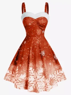 Christmas Ladies Strapless Gradient Snowflake Print Vintage Dress
