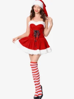 Christmas Costume For Women Red Polyester Fiber Dress Hat Polyester Color Block Holidays Costumes Full Set