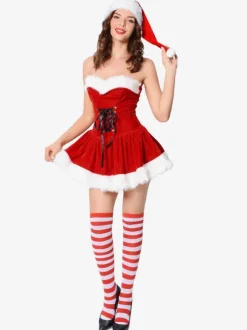 Christmas Costume For Women Red Polyester Fiber Dress Hat Polyester Color Block Holidays Costumes Full Set