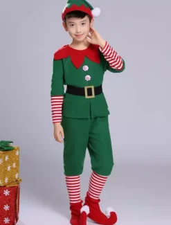 Christmas Elf Costume Kids Top Pants Green Outfit 5 Piece For Boys Halloween