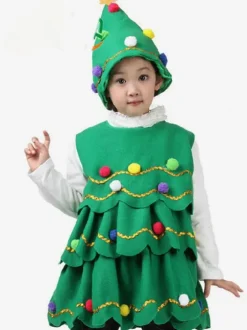 Christmas Green Santa Tree Costume Polyester Fiber Hat Dress Christmas Holidays Costumes Full Set