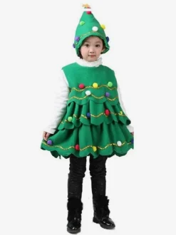 Christmas Green Santa Tree Costume Polyester Fiber Hat Dress Christmas Holidays Costumes Full Set
