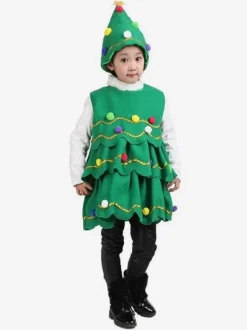 Christmas Green Santa Tree Costume Polyester Fiber Hat Dress Christmas Holidays Costumes Full Set