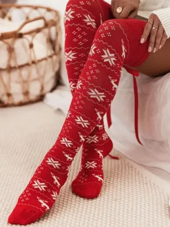Christmas Pattern Stockings Ribbed Trim Winter Socks