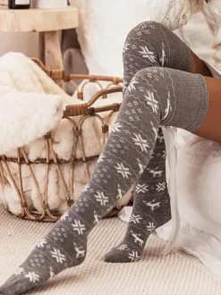 Christmas Pattern Stockings Ribbed Trim Winter Socks