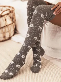 Christmas Pattern Stockings Ribbed Trim Winter Socks