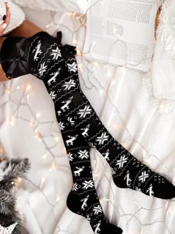 Christmas Pattern Stockings Ribbed Trim Winter Socks