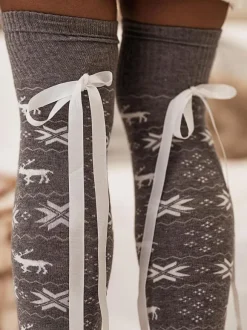 Christmas Pattern Stockings Ribbed Trim Winter Socks